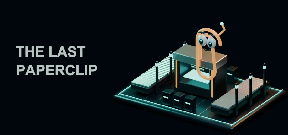 The Last Paperclip artwork: a copper paperclip companion above a cyan-lit factory